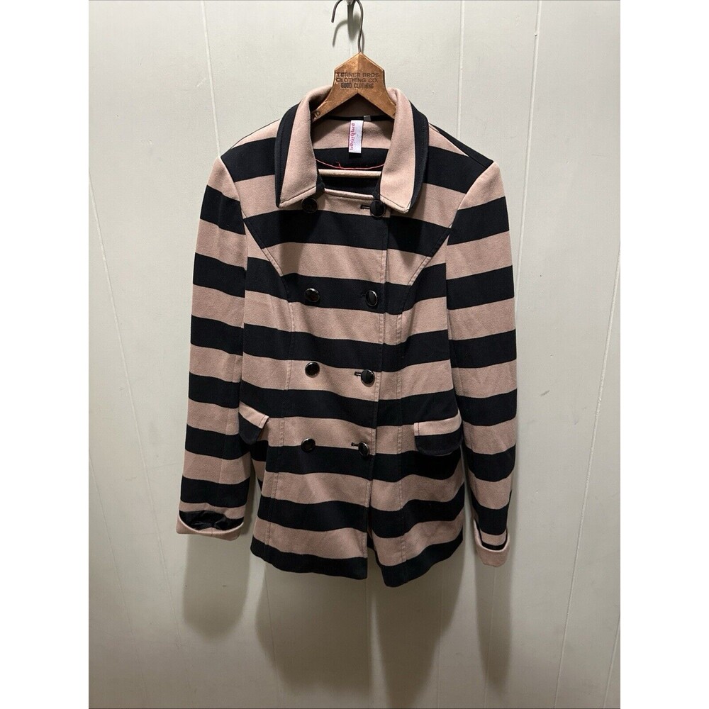 Ambition Brown Blk Striped Winter Pea Coat Double Breast Collared Women’s Size M